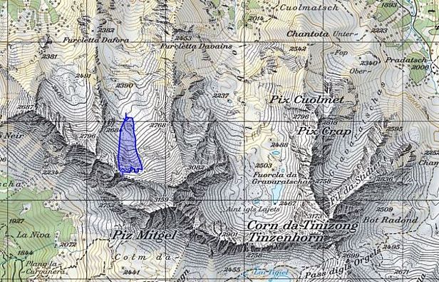 Abb. 5: Kartierung einer mittelgrossen Lawine am Piz Mitgel (Filisur, GR), Nordhang auf 2900 m. Die Lawine ging am 26.05. um 9 Uhr nieder (Quelle: SLF/ProTools, Kartierung R. Meister).