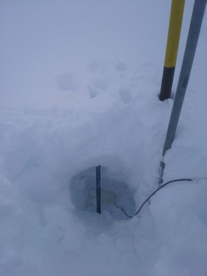 Neuschneebrett der SLF-Station Egginer (2650 m), Gebiet Saas-Fee, VS: von 21.-26.11. fielen dort 118 cm Schnee (Foto: P. Schneiter, 26.11.2016).