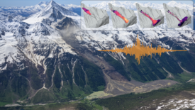 Das Bild zeigt eine Luftaufnahme des Fels- und Eissturzes von Blatten mit Einblendung von seismischen Signalen und Teilen der Simulation als Montage. 