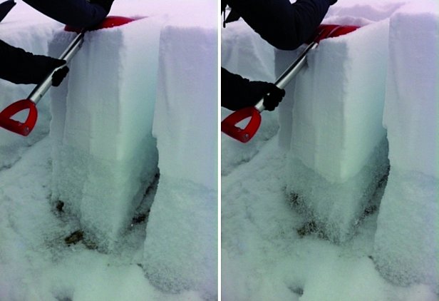 Abb. 20: Beispiel für das auch Ende Februar noch ausgeprägte Altschneeproblem in grossen Teilen des südlichen Unterwallis und in den nördlichen Teilen Graubündens: bei einem einfachen Säulentest brach die Schneedecke in der bodennahen Schwachschicht (Foto: SLF/W. Steinkogler, 21.01.2014 im Gebiet Davos/GR).