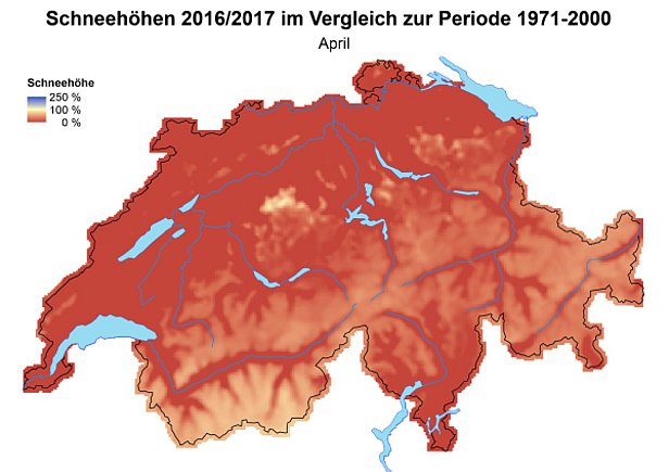 Abb. 10: Schneehöhen im Vergleich zum langjährigen Mittel (1971-2000) im März 2017 (oben) und im April 2017 (unten).