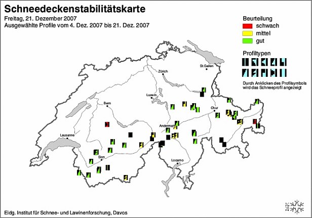 Abb. 13 und Abb. 14: Schneedeckenstabilitätskarten von Anfang (oben) und Mitte (unten) Dezember 2008.