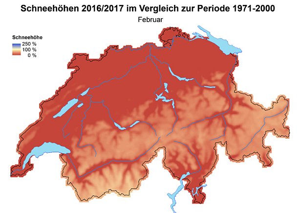 Abb. 9: Schneehöhen im Vergleich zum langjährigen Mittel (1971-2000) im Januar 2017 (oben) und im Februar 2017 (unten).