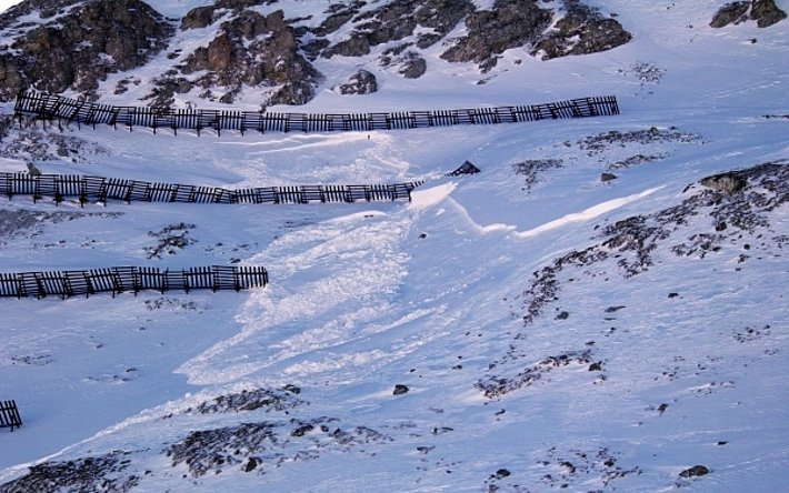 Gesprengte Lawine zwischen den Stützverbauungen am Crap Masegn (Laax, GR) an einem Nordosthang auf 2320 m (Foto: C. Clopath, 10.01.2017).