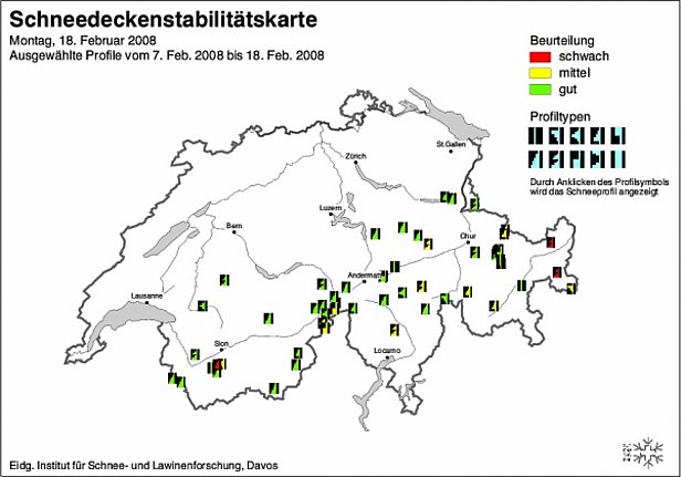 Abb. 17 und Abb. 18: Schneedeckenstabilitätskarten von Anfang (oben) und Mitte (unten) Februar  2008. 