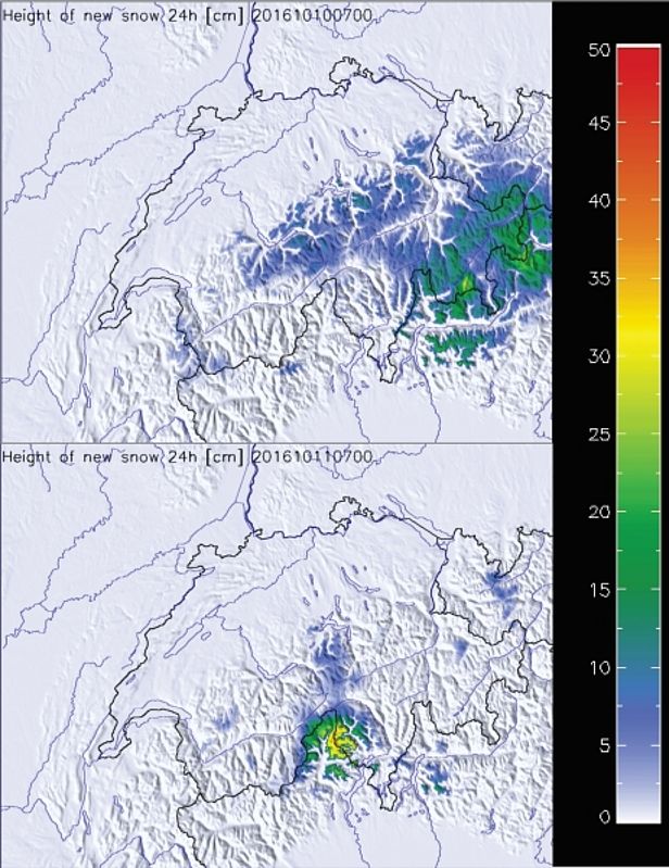 Abb. 4: Neuschnee am 10. (oben) und 11. (unten) Oktober morgens um 7 Uhr, ermittelt aus Daten automatischer Stationen und Radarmessungen (Quelle: MeteoSchweiz).