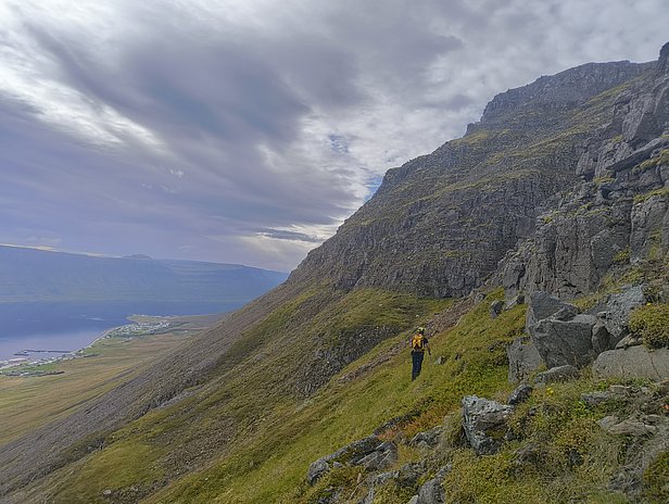 A hiker in a yellow jacket ascends a steep, rocky slope with lush green terrain. In the background, a fjord and a small village are visible beneath a cloudy sky, emphasizing the vastness of the landscape.