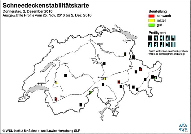 Abb. 12: Schneedeckenstabilitätskarten von Ende November bzw. Anfang Dezember 2010.