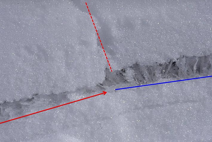 Der vergrösserte Ausschnitt aus einem Schneeprofil.  Im unteren Drittel zieht sich eine Schwachschicht aus eingeschneiten Oberflächenreifkristallen fast horizontal durch das Profil. In der Bildmitte zieht sich ein senkrechter Riss von oben bis zu der Schwachschicht. Rechts von diesem Riss ist die Schwachschicht noch intakt, die Kristalle stehen aufrecht; links ist die Schicht gebrochen, die Kristalle liegen flach zusammengedrückt. Der Bruch hat sich also von links kommend ausgebreitet (im Bild mit einem roten Pfeil visualisiert). In der Bildmitte ist es zum Zugriss durch das Schneebrett gekommen, so dass der in der Schwachschicht laufende Riss stoppte. 