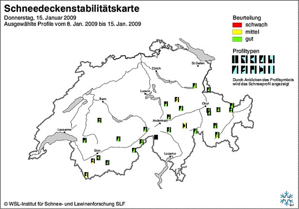 Abb. 14 und Abb. 15: Schneedeckenstabilitätskarten von Anfang (oben) und Mitte (unten) Januar 2009.