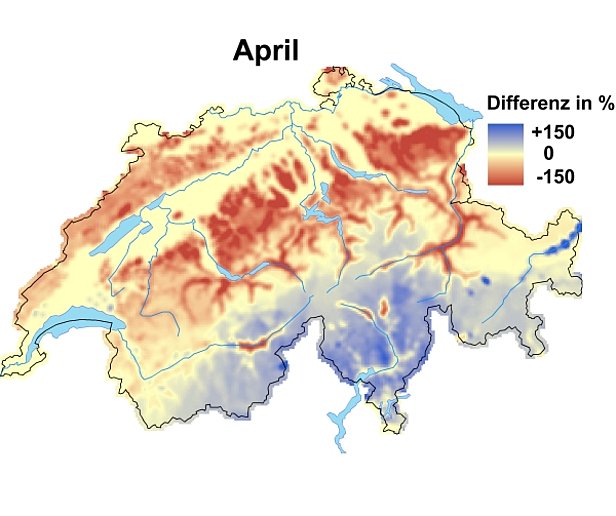 Abb. 5 und Abb. 6: Schneehöhen im Vergleich zum langjährigen Mittel im März (oben) und im April 2009 (unten).