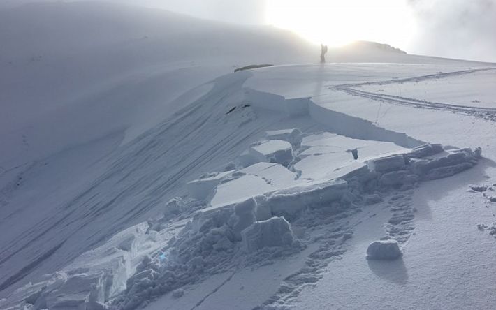 Abb. 1: Kleine aber dicke Schneebrettlawine, fernausgelöst an einem kammnahen Nordwesthang auf 2400 m am Mannlibode, Gemeinde Reckingen-Gluringen, VS (Foto: A. Nagel, 03.02.2017).