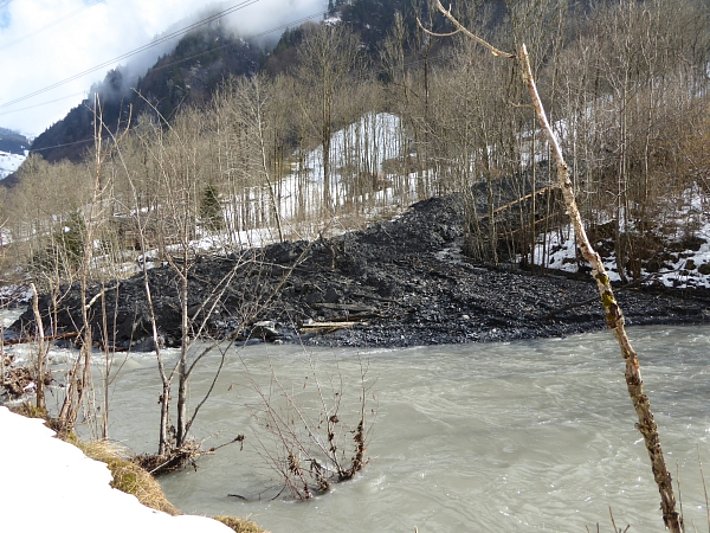 Diese Lawine ging am Donnerstag, 09.03. um 18:15 Uhr in der Risirunse zwischen Matt und Elm (Glarus Süd) ab und führte zu einer vorübergehenden Stauung der Sernf (Foto: S. Gygli, 10.03.2017).