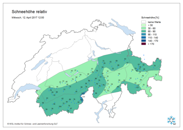 Abb. 7: Schneehöhe im Vergleich zum Mittelwert seit Messbeginn an den automatischen IMIS-Stationen oberhalb von 1800 m. An der Mehrheit der Stationen lagen lediglich 50 bis 90 % der durchschnittlichen Schneehöhe. Einzig im Simplongebiet waren die Schneehöhen ungefähr durchschnittlich (Grafik gross).