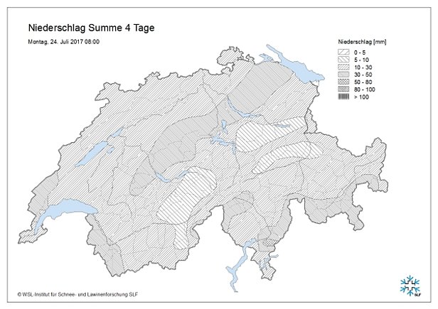 Abb. 6: Niederschlagssumme vom Donnerstag-, 20.07. bis Montagmorgen, 24.07. gemessen an den automatischen Stationen von MeteoSchweiz und SLF. In den höchsten Lagen des Hochgebirges entsprach ein Millimeter Regen etwa einem Zentimeter Schnee.