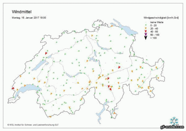 Abb. 4: Windverlauf vom Montagabend, 16.01., 18:00 Uhr bis Donnerstagmorgen, 19.01., 09:00 Uhr in 3h-Schritten an den IMIS Stationen und an Stationen der MeteoSchweiz. Gut zu sehen ist der Nordwind am zentralen Alpenhauptkamm in der Nacht von Montag auf Dienstag, die Bise am Dienstag und Mittwoch sowie der Südföhn in der Nacht von Mittwoch auf Donnerstag.