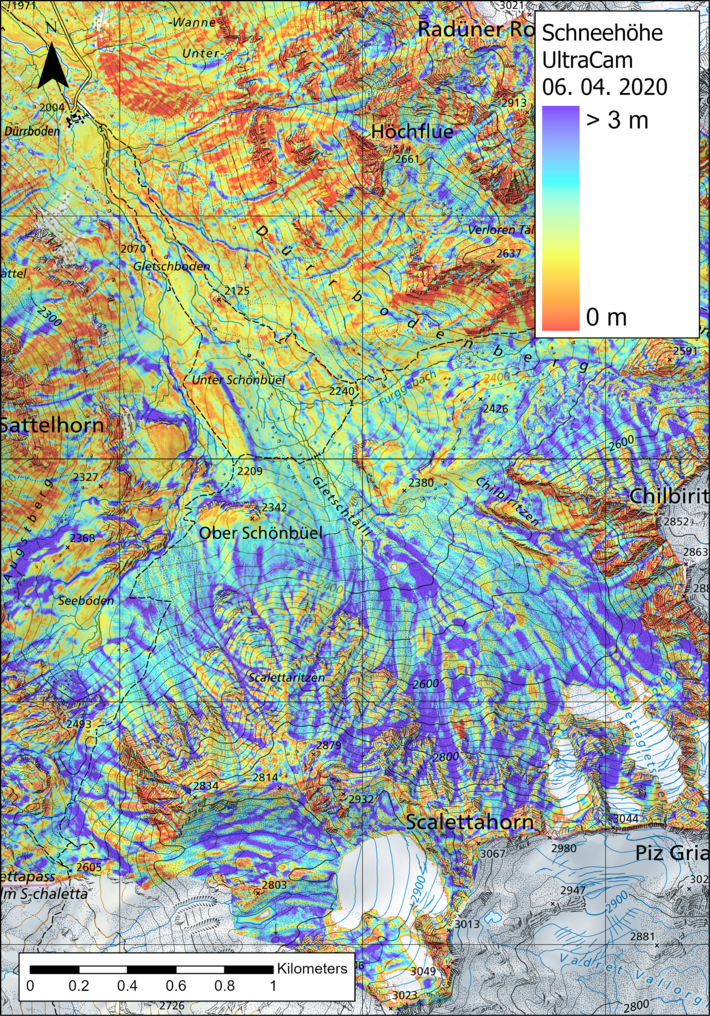 Snow depths in the Dischma Valley in 2020 ... (Graphic: Yves Bühler / SLF)