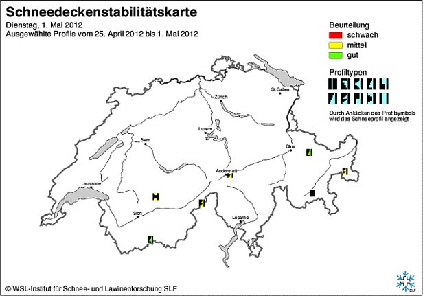 Abb.15: Schneedeckenstabilitätskarten von Mitte April (oben) und Ende April bzw. Anfang Mai 2012 (unten).