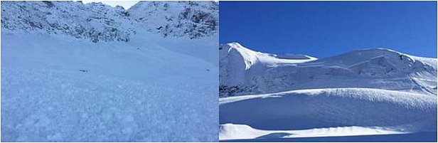 Abb. 6: Am Ende einer langen Südstaulage wurden in hoch gelegenen Skigebieten am Alpenhauptkamm bei Sicherungssprengungen oberhalb von rund 2800 m grossflächige Lawinen ausgelöst. Der Neu- und Triebschnee glitt dabei meist auf der Altschneeschicht vom Oktober ab. Links: Nordhang auf 2800 m am Gemsstock, UR (Foto: C. Danioth, 26.11.2016). Rechts: Mittelallalin, VS Westhang auf 3400 m (Foto: P. Schneiter, 28.11.2016).