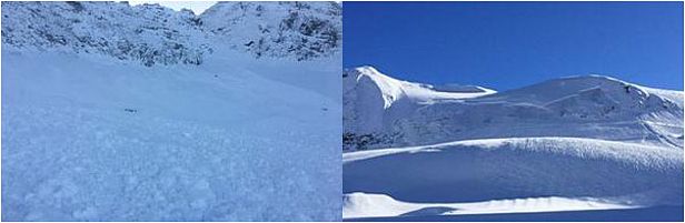 Abb. 6: Am Ende einer langen Südstaulage wurden in hoch gelegenen Skigebieten am Alpenhauptkamm bei Sicherungssprengungen oberhalb von rund 2800 m grossflächige Lawinen ausgelöst. Der Neu- und Triebschnee glitt dabei meist auf der Altschneeschicht vom Oktober ab. Links: Nordhang auf 2800 m am Gemsstock, UR (Foto: C. Danioth, 26.11.2016). Rechts: Mittelallalin, VS Westhang auf 3400 m (Foto: P. Schneiter, 28.11.2016).