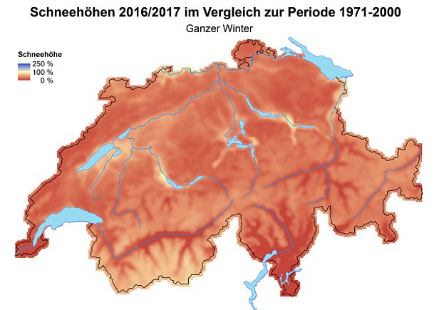 Abb. 5: Schneehöhen über den ganzen Winter (November bis April) im Vergleich zum langjährigen Mittelwert über den ganzen Winter (1971-2000, Grafik gross).