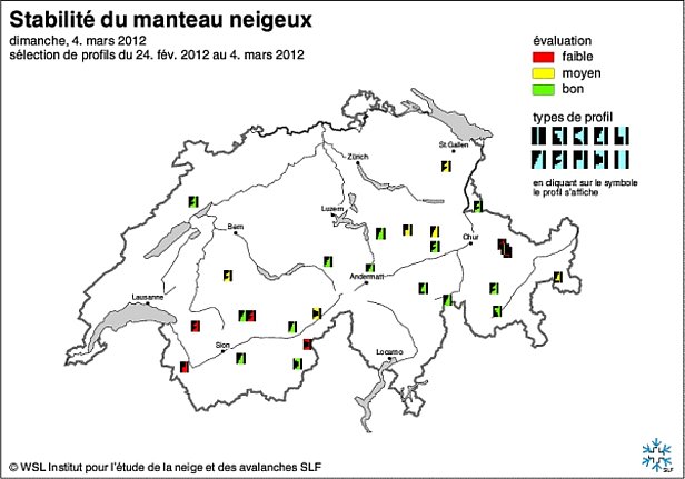 Figures 13: Cartes de stabilité du manteau neigeux de la mi-février (en haut) et de fin février ou début mars 2012 (en bas).