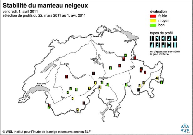 Figures 19 et 20: Cartes de stabilité du manteau neigeux de la mi-mars (en haut) et de fin mars au début avril 2011 (en bas).