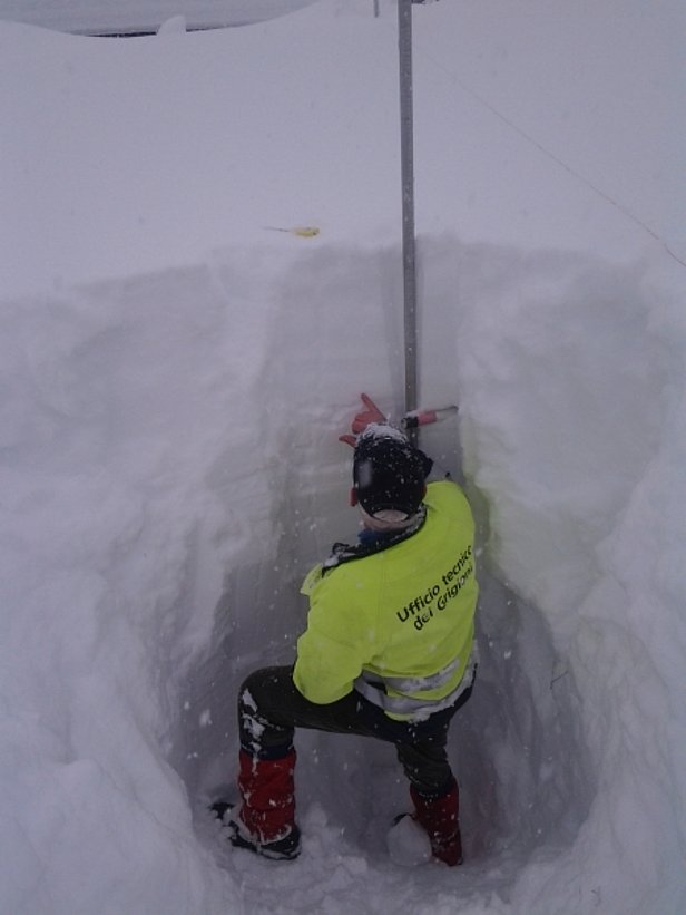 Abb. 15:  Schneeprofilaufnahme in San Bernardino am 31.01.2014. Viel Schnee Ende Januar …. Am meisten Neuschnee fiel dann aber erst im Februar (Foto: P. Vivalda).