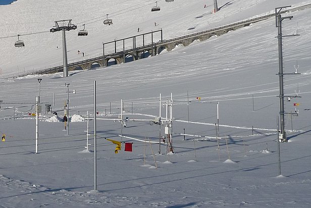 Auf einem relativ ebenen Schneefeld stehen zahlreiche Metallstangen. Einige davon sind mit einem gelben Absperrseil verbunden, an dem gelbe und rote Wimpgel hängen. An anderen sind verschiedene Messsensoren befestigt.
