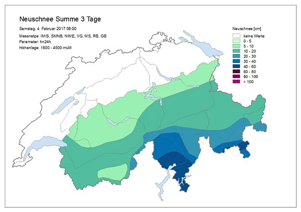 Abb. 2: 3-Tages-Neuschneesumme von Mittwochmorgen, 01.02. bis Samstagmorgen, 04.02., gemessen von den Beobachtern und berechnet an den automatischen IMIS-Stationen.