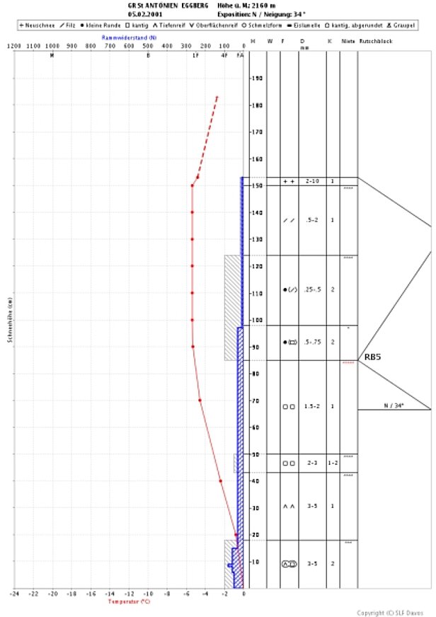 Abb. 22: Schneeprofil vom Eggberg/St. Antönien/GR, 5.2.2001. Die Schneedecke war zur Hälfte kantig aufgebaut, darüber lag weicher Triebschnee. Diese Schneedecke ist schwach.