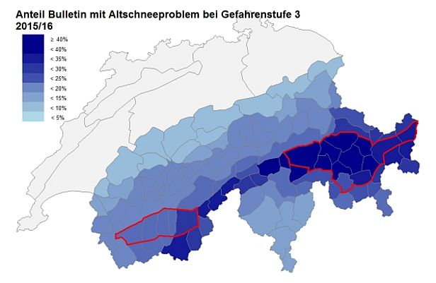 Abb. 36: Prozentualer Anteil der Lawinenbulletins mit Gefahrenstufe 3 (Erheblich) und Altschneeproblem als Hauptgefahr (allein, oder in Kombination mit anderen Lawinenproblemen). Die inneralpinen Gebiete des Wallis waren im Winter 2015/16 weniger vom Altschneeproblem betroffen (rot umrandet links, meist unter 25%) als die inneralpinen Gebiete Graubündens (rot umrandet rechts, oft 40% und mehr). Zudem war am Alpenhauptkamm vom Oberwallis über das nördliche Tessin bis Mittelbünden das Altschneeproblem häufig vorhanden.