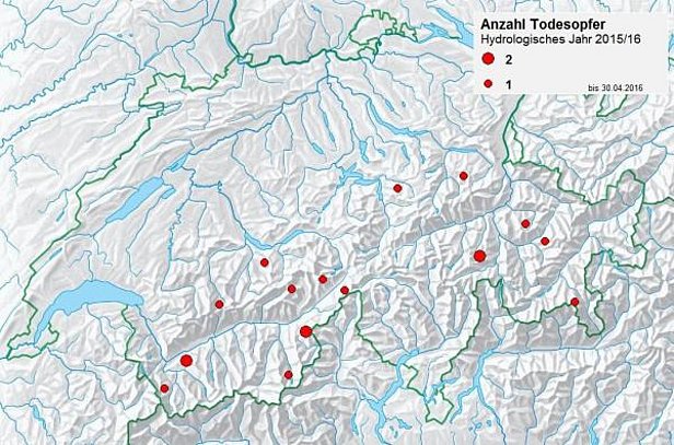 Abb. 2: Lawinenunfälle im Winter 2015/16, Stand 30. April 2016 (Kartenbasis: Copyright 2007, Bundesamt für Landestopografie, alle Rechte vorbehalten).