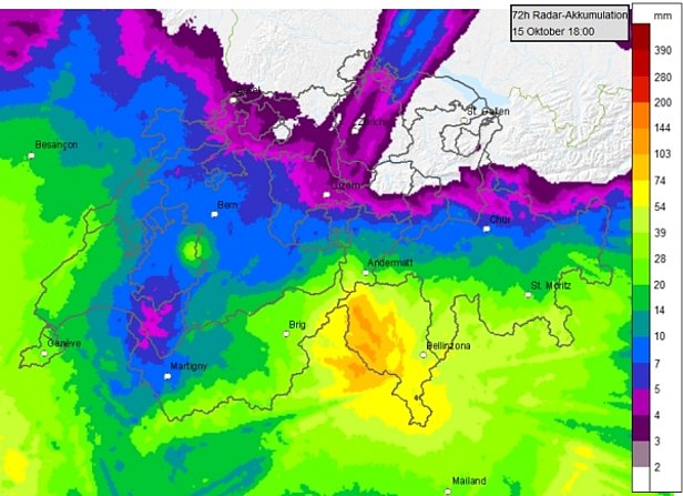 Abb. 5: 3-Tages-Niederschlagssumme vom Mittwoch, 12.10. bis Samstag, 15.10. 18 Uhr (Quelle: MeteoSchweiz). Dargestellt sind „Millimeter Regen“. Oberhalb von 3000 m ist der Niederschlag in Form von Schnee gefallen.