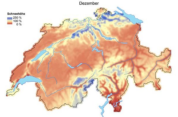 Abb. 2: Schneehöhen im Vergleich zum langjährigen Mittel (1971-2000) im November 2014 (oben) und im Dezember 2014 (unten).