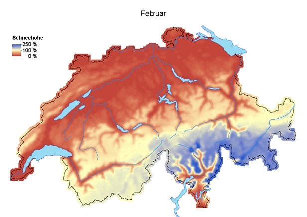 Abb. 4: Schneehöhen im Vergleich zum langjährigen Mittel (1971-2000) im Januar 2014 (oben) und im Februar 2014 (unten).