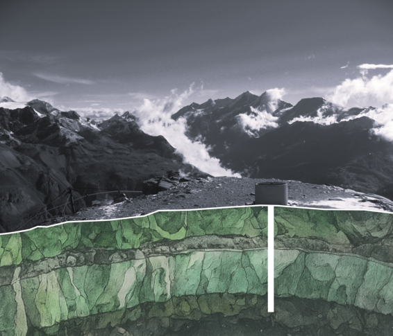 Black-and-white panoramic view of a mountain landscape with cloud-covered peaks in the background. In the foreground, a geological cross-section shows a borehole running vertically through various rock layers depicted in different shades of green.