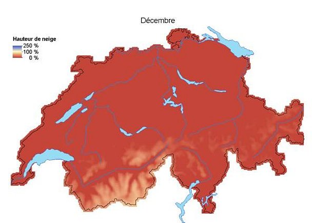 Fig. 7: Hauteurs de neige en comparaison avec la normale (1971-2000) en novembre 2016 (en haut) et en décembre 2016 (en bas).