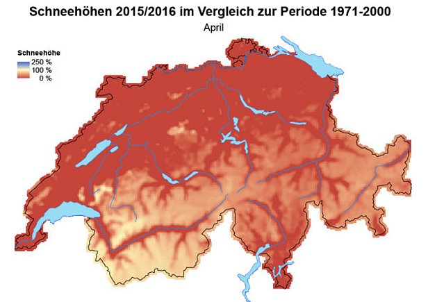 Abb. 10: Schneehöhen im Vergleich zum langjährigen Mittel (1971-2000) im März 2016 (oben) und im April 2016 (unten).