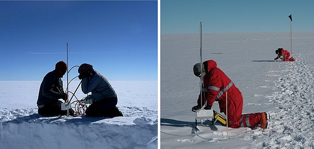 Fig. 3 (left) SMP-measurements at Summit, Greenland (2003). Fig. 3 (right) Measurement of a 50 m transect at Kohnen station in Antarctica (Photo: K. Klein).