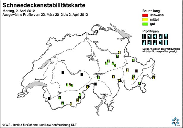 Abb. 14: Schneedeckenstabilitätskarten von Mitte März (oben) und Ende März bzw. Anfang April 2012 (unten).