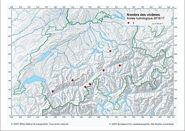 Fig. 32: Accidents d’avalanches pendant l’hiver 2016/2017, au 31 mai 2017 (base cartographique ; copyright 2007, Office fédéral de topographie, tous droits réservés). (Agrandir le graphique)