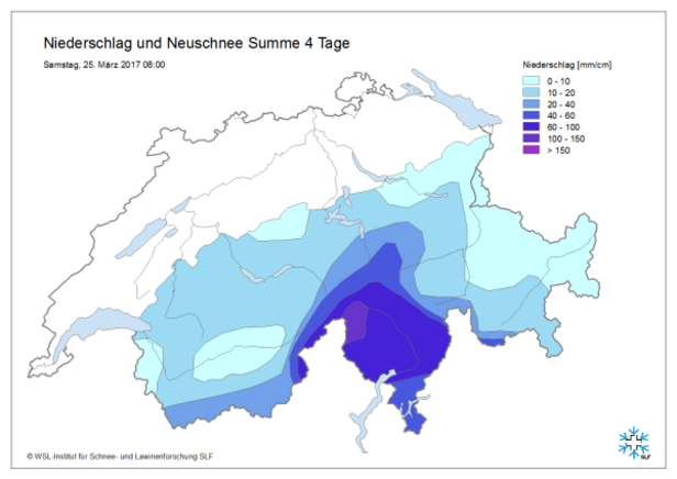 Abb. 2: 4-Tages-Niederschlagssumme basierend auf Messungen der SLF-Beobachter sowie der automatischen Stationen von SLF und MeteoSchweiz. Oberhalb von rund 2200 m können die Mengen als Zentimeter Neuschnee angenommen werden. Am meisten Schnee fiel mit 100 bis 150 cm im nordwestlichen Tessin. Am übrigen zentralen Alpensüdhang und im Simplongebiet fielen verbreitet 60 bis 100 cm. Nördlich des Alpenhauptkammes nahmen die Niederschlagsmengen ab.