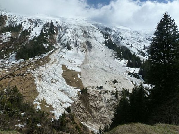 Photo 30: Comme dans cet exemple, les avalanches de neige mouillée relativement grandes sont descendues jusqu’à moyenne altitude, où il n’y avait déjà plus de neige. Cette photo montre des avalanches de neige mouillée survenues en face de Rueras, Tujetsch, GR, avec des ruptures entre 2000 et 2200 m et des dépôts au nord-ouest à environ 1450 m (photo: N. Levy, 18.04.2015).