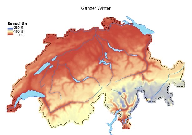 Abb. 6: Schneehöhen über den ganzen Winter (November bis April) im Vergleich zum langjährigen Mittelwert (1971-2000) über den ganzen Winter.