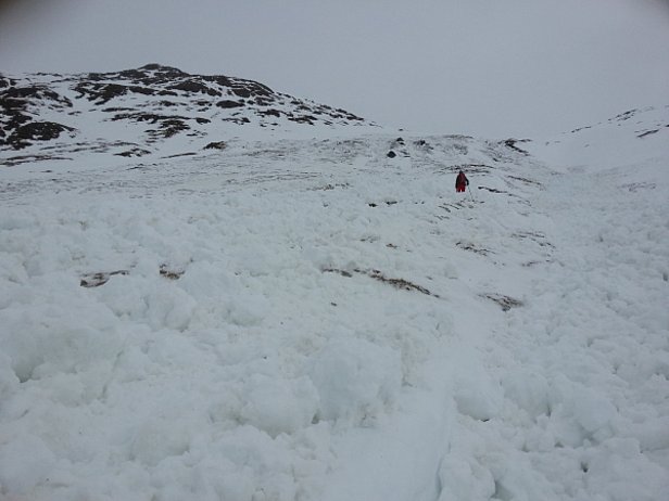 Abb. 7: Altschnee-Problem: Die Schneedecke war tragfähig gefroren, die Oberfläche leicht aufgesulzt - und plötzlich lösten die beiden Tourenfahrer diese 200 m breite Schneebrettlawine aus. Der Bruch erfolgte im schwachen Altschnee vom November. Westhang auf ca. 2400 m, Juf, GR (Foto: U. Frey, 18.03.2017).