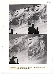 A collage of four black-and-white photos shows snow-covered mountains. Two of the pictures show the silhouette of a person pointing, which suggests controlled avalanches.