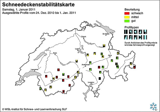 Abb. 13 und Abb. 14: Schneedeckenstabilitätskarten von Mitte Dezember (oben) und Ende Dezember 2010 bzw. Anfang Januar 2011 (unten).