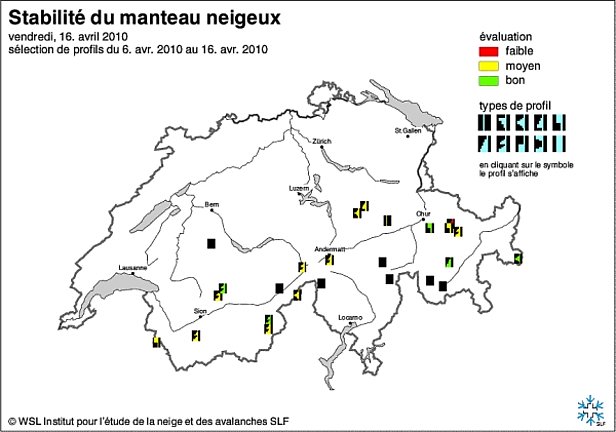 Figures 18 et 19: Cartes de stabilité du manteau neigeux de début avril (en haut) et mi-avril 2010 (en bas).
