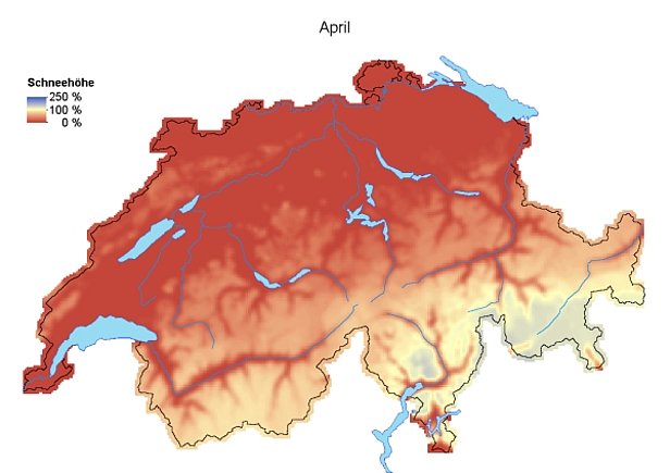 Abb. 5: Schneehöhen im Vergleich zum langjährigen Mittel (1971-2000) im März 2014 (oben) und im April 2014 (unten).
